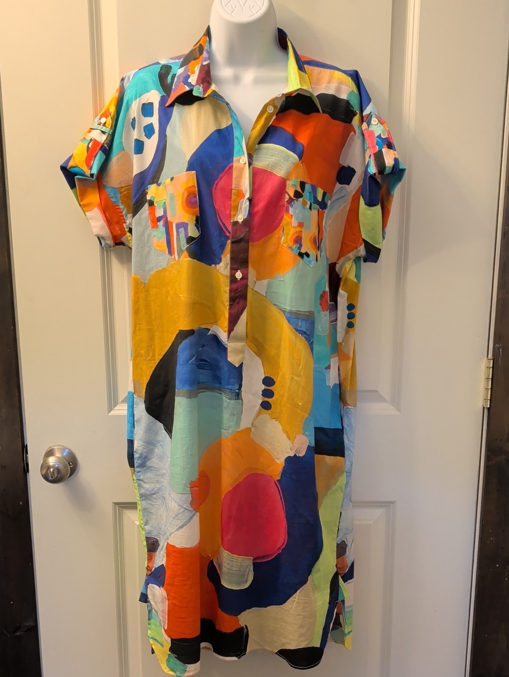 Abstract Multicolor Midi Shirt Dress - Bold Mixed Colors